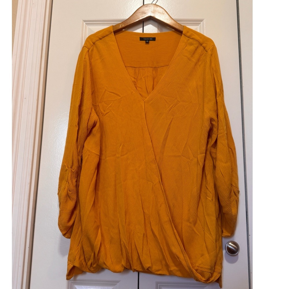 Vision 155 Mustard Yellow Wrap Top Surplice V-Neck Ruched Sleeve Blouse XL